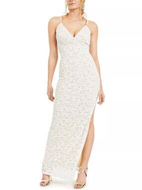 Emerald Sundae Juniors' Slim Allover-Lace Side-Slit Gown Ivory L